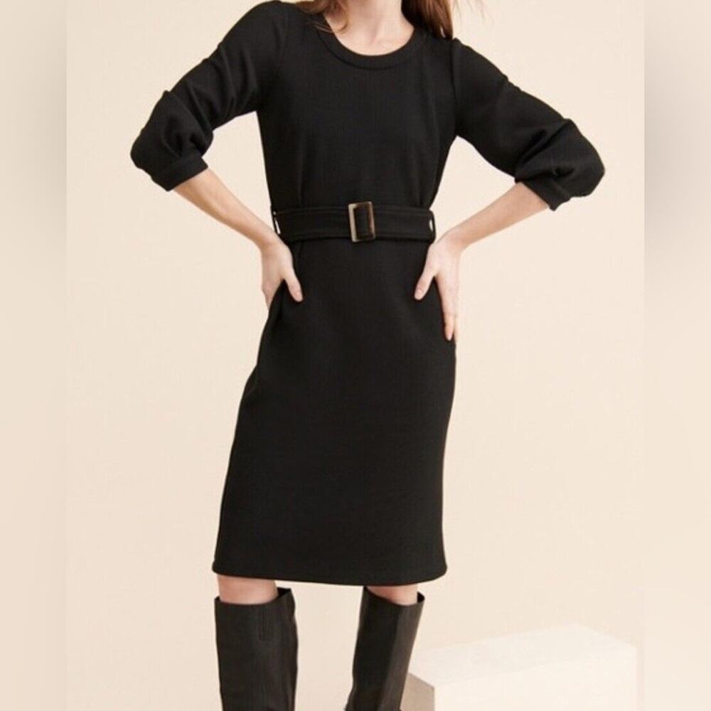 Gal Meets Glam Jody Black Ribbed Puff Sleeve Knee Length Dress Size 2